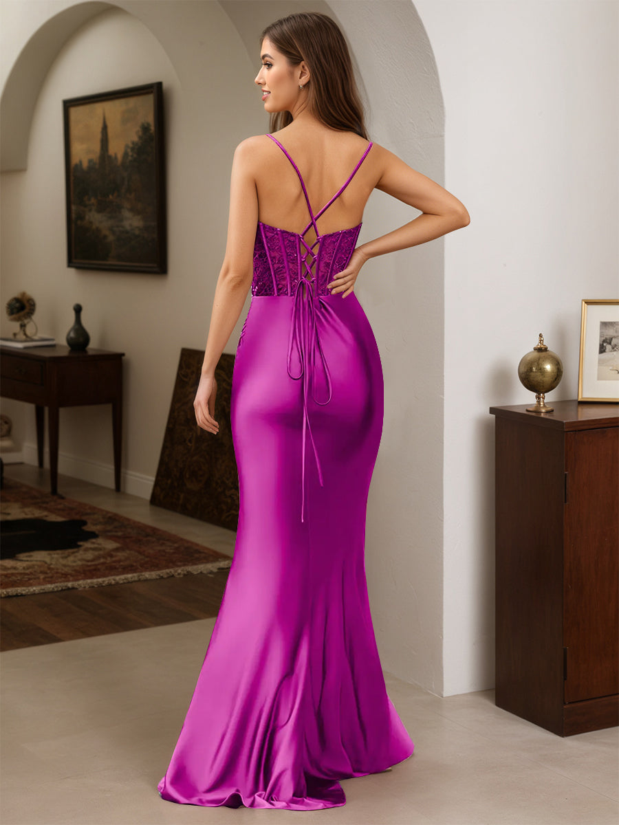 Cicinia Orchid Prom Dresses Long Spaghetti Straps Sheath V-neck Slit Lace