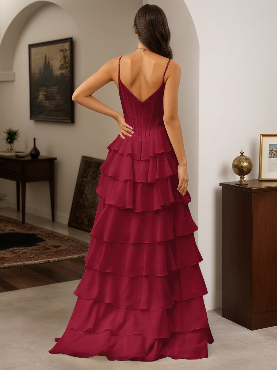 Cicinia Burgundy Prom Dresses Long Spaghetti Straps A-line Floor Length Slit Layered