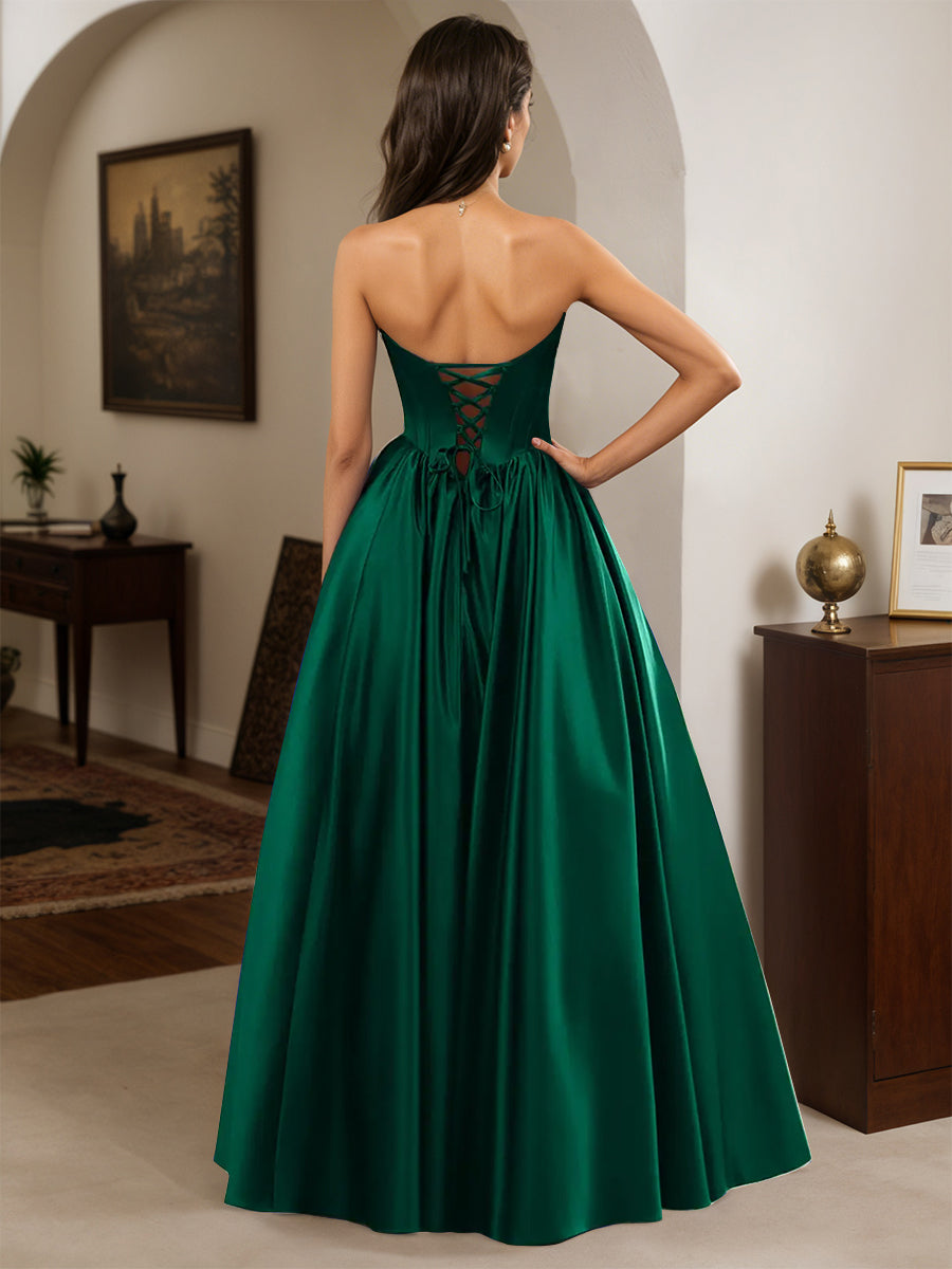 Cicinia Dark Green Prom Dresses Long A-line Satin Strapless Floor Length Party Dress