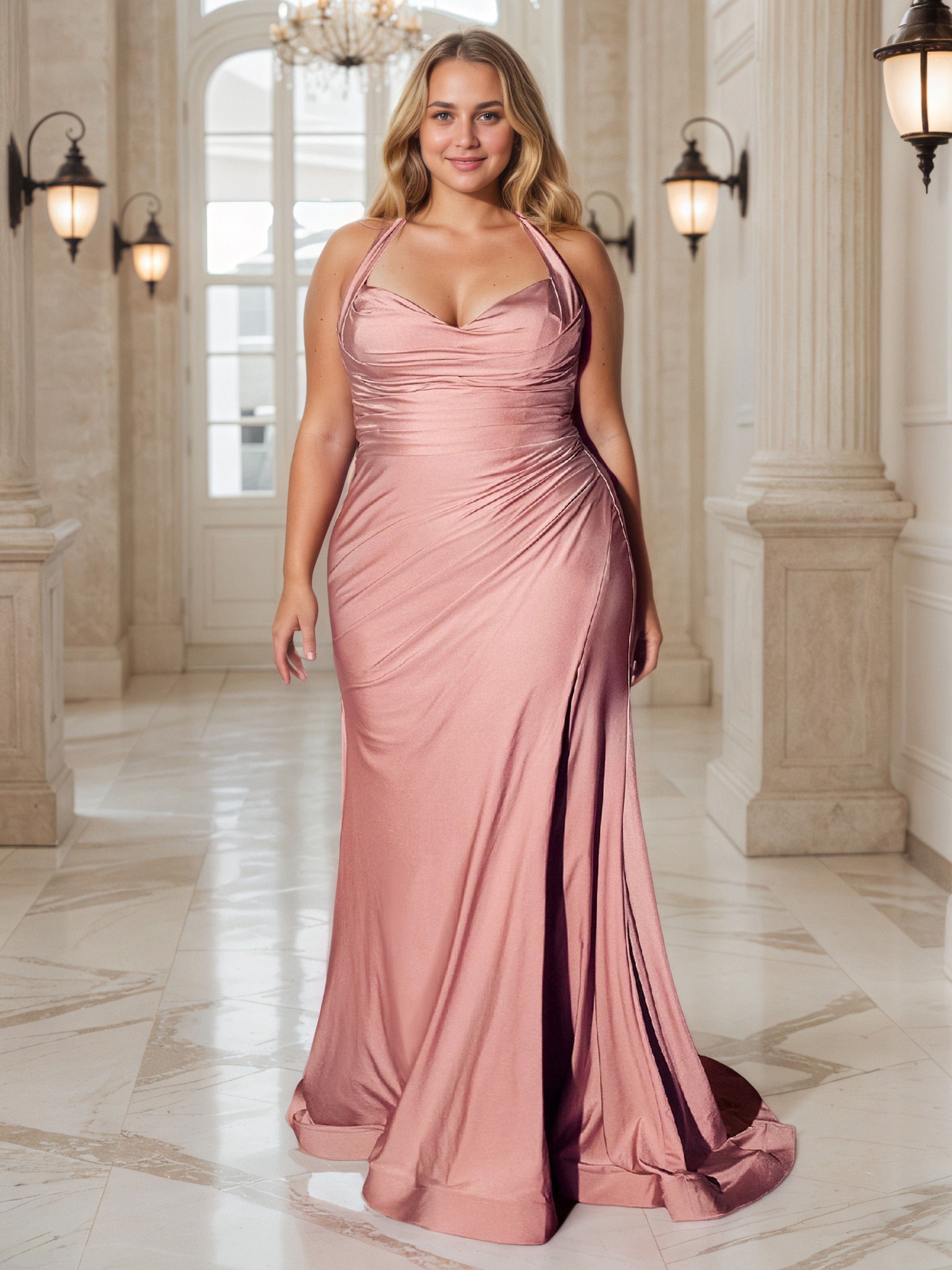 Dusty Rose Sweep Train High Split Halter Plus Size Prom Dress Dusty Rose Sweep Train High Split Halter Plus Size Prom Dress