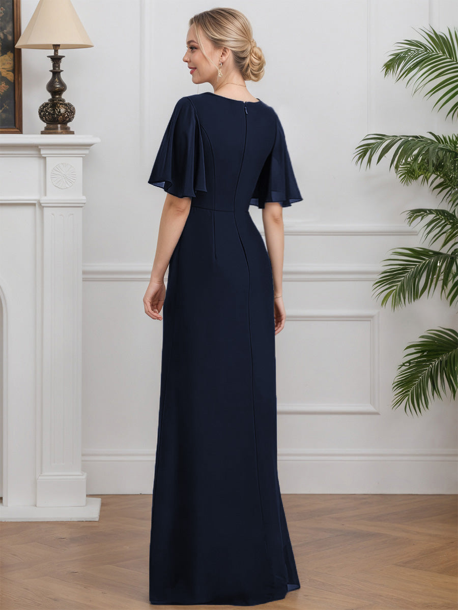 Cicinia Dark Navy Mother Of The Bride Dress Long Chiffon Sheath Half Sleeves Floor Length
