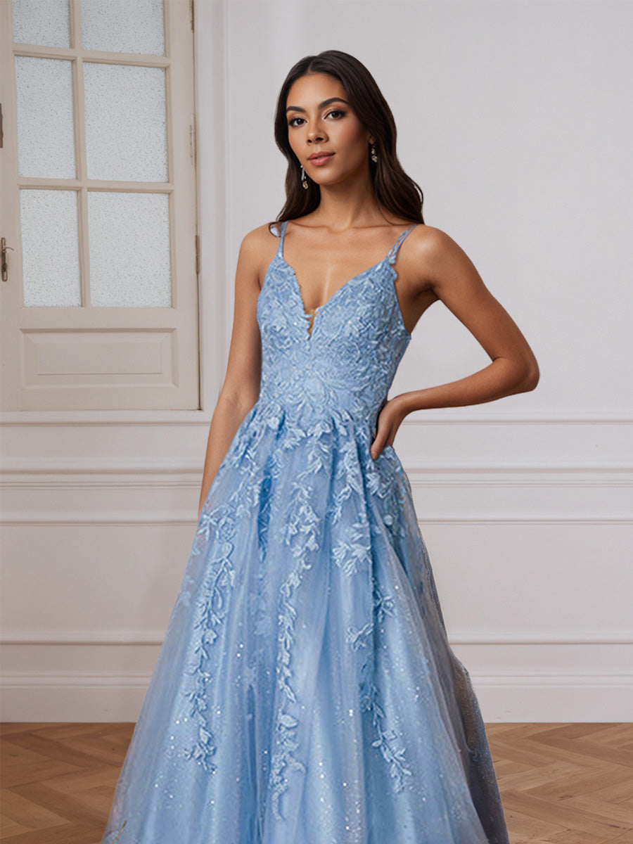 Elegant Sky Blue V-neck Lace Tulle A-line Floor Length Long Prom Dress
