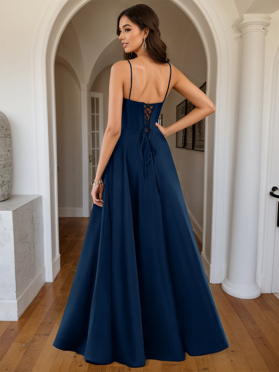 Cicinia Navy Blue Prom Dresses Long Sweetheart A-line Satin Spaghetti Straps Floor length
