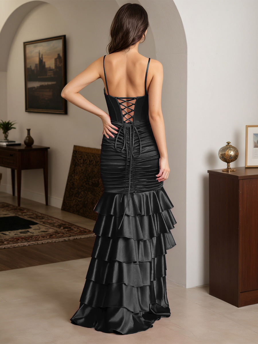 Cicinia Black Prom Dresses Long Stretch Satin Ruffles Sheath Slit Spaghetti Straps Gowns