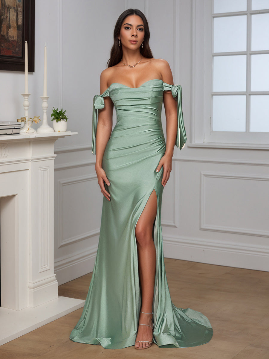 Pretty Dusty Sage Off The Shoulder Evening Gown Long Slit Sheath Prom