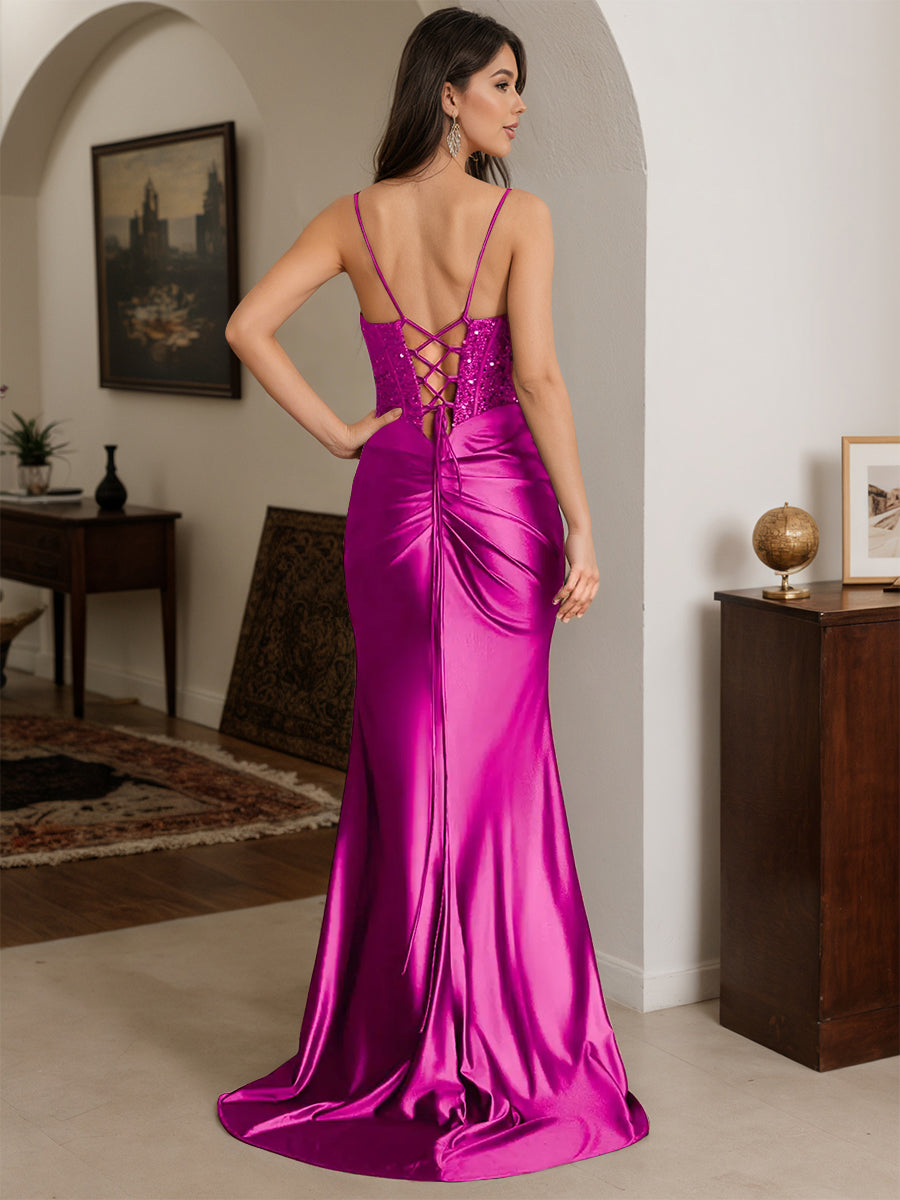 Cicinia Orchid Prom Dresses Long Stretch Satin Spaghetti Straps Sheath Party Gowns With Sweep Train