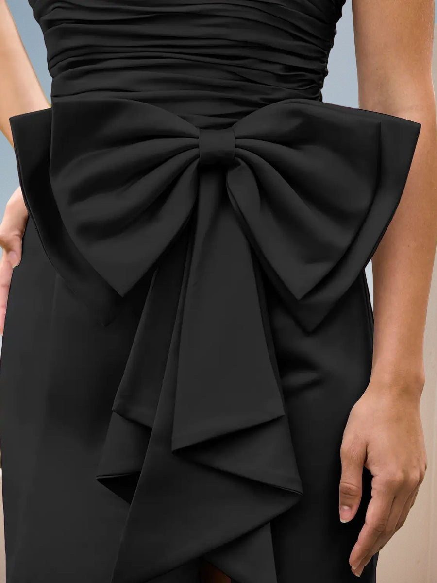 Cicinia Black Prom Dresses Long Stretch Fabric Sheath Slit Strapless Gowns With Big Bowknot