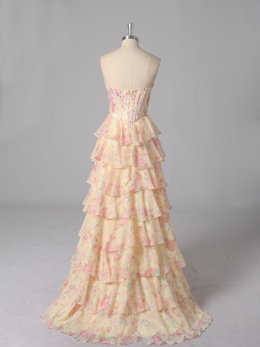 Cicinia Yellow Prom Dresses Long Printed Fabric A-line Sleeveless Slit Layered Gowns