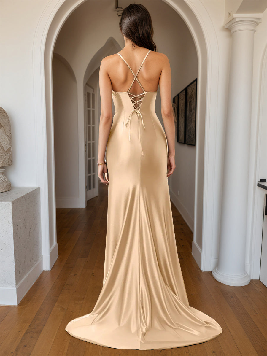Cicinia Champagne Prom Dresses Long Sheath Soft Satin Slit Spaghetti Straps Backless