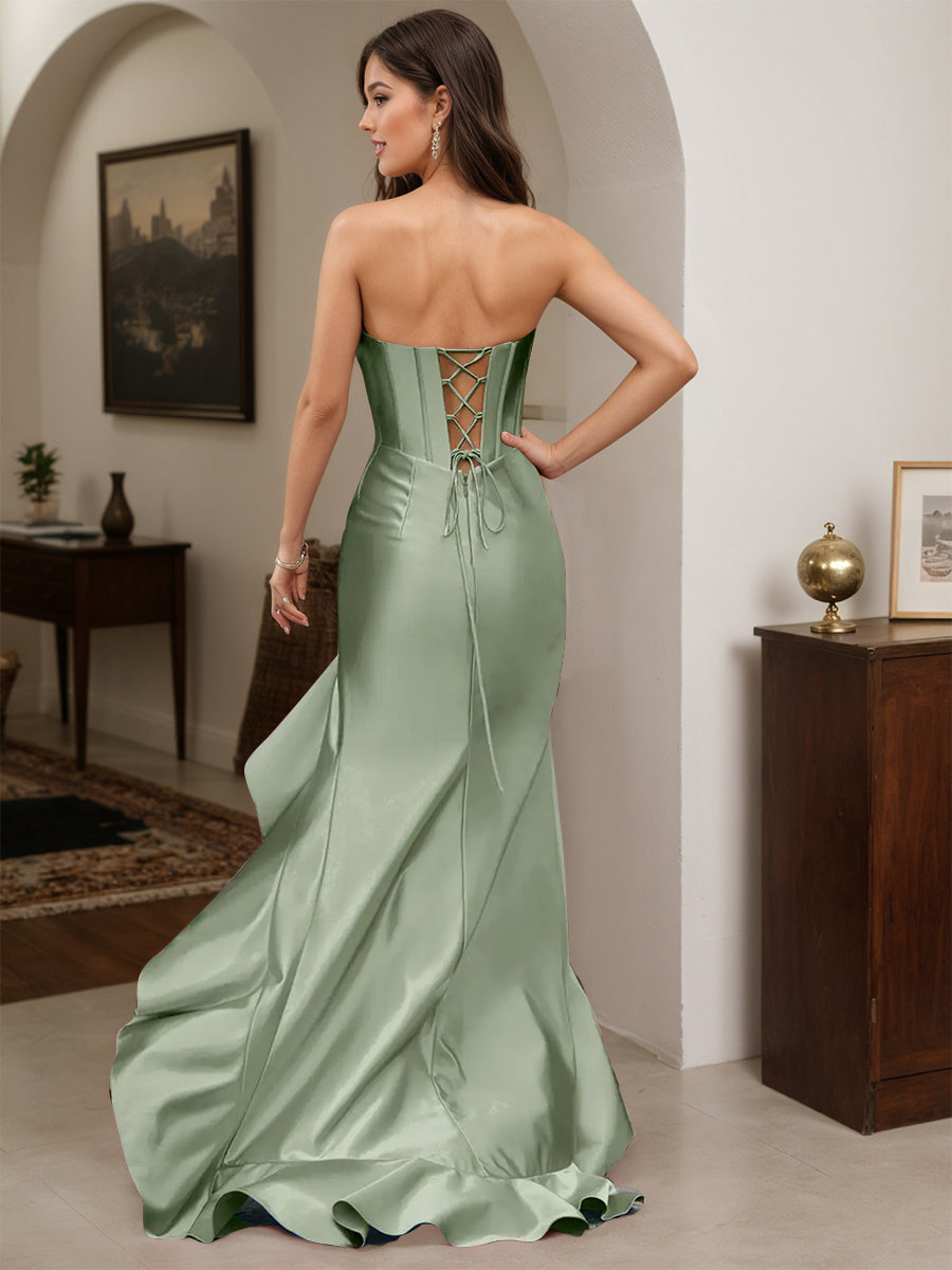 Cicinia Dusty Sage Prom Dresses Long Srtapless Sheath Ruffles Party Gowns