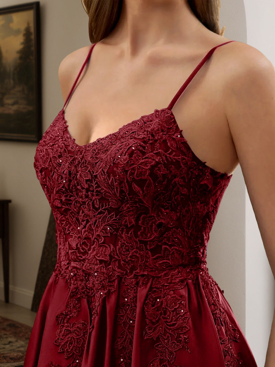 Cicinia Burgundy Prom Dresses Long Satin Appliques Lace A-line Floor Length