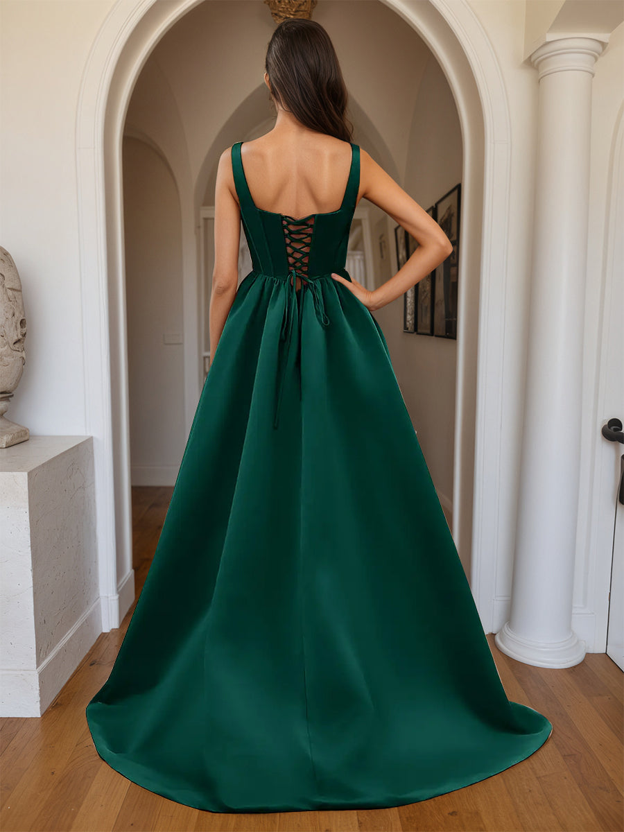 Cicinia Dark Green Prom Dresses Long A-line Satin Square Neckline Pretty Party Gowns