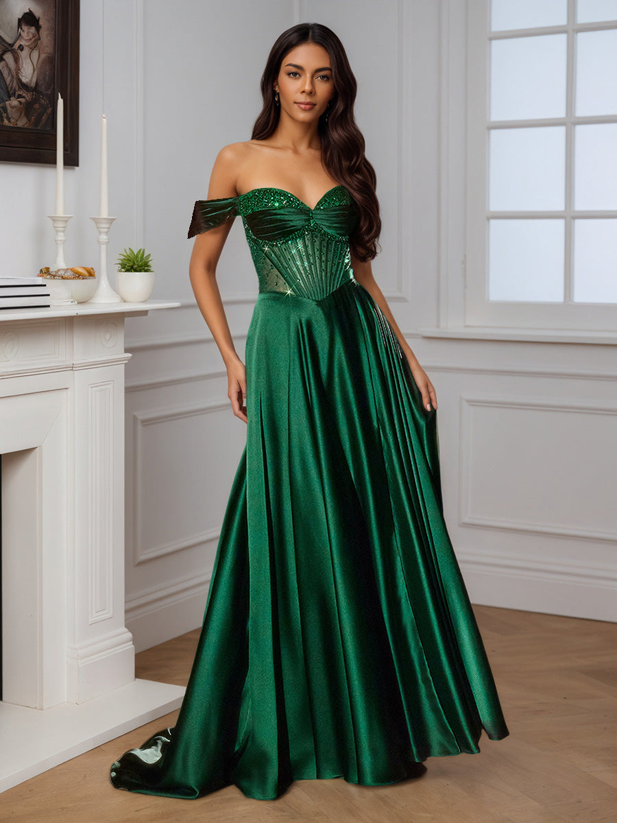 Pretty Off The Shoulder A-line Beaded Green Long Prom Dress