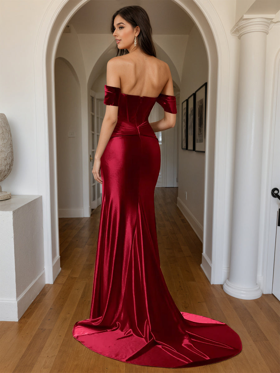 Cicinia Burgundy Prom Dresses Long Sheath Soft Satin Slit Off The Shoulder Evening Gowns With Sweep Train