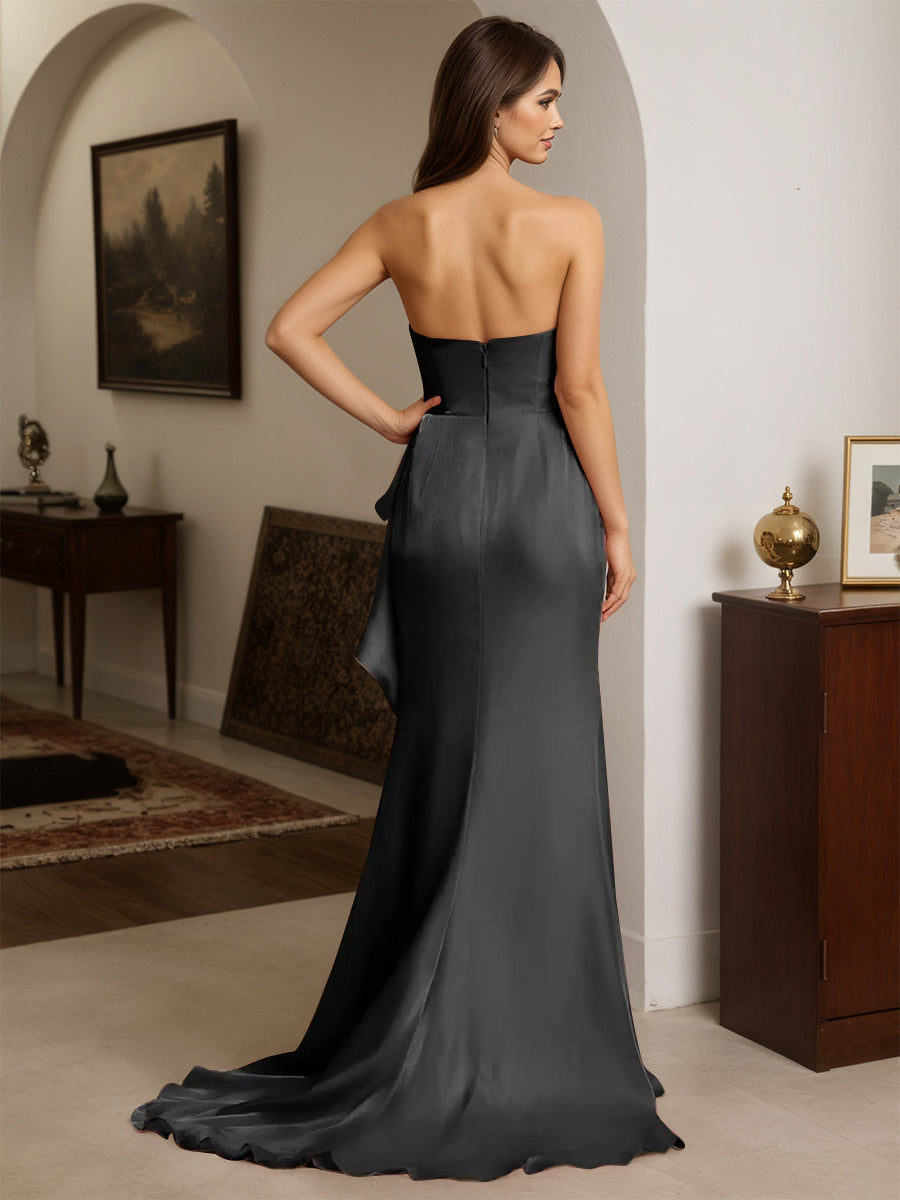 Cicinia Black Prom Dresses Long Strapless Sheath Slit Party Dress