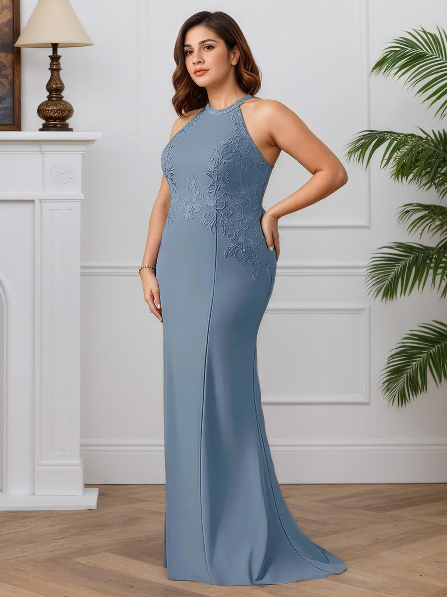 Cicinia Dusty Blue Mother Of The Groom Dress Long Stretch Fabric Sheath Sleeveless Plus Size