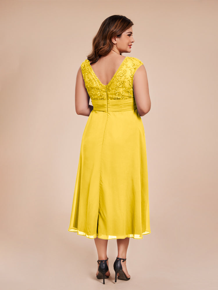 A Line Cap Sleeves Ruffle Lace Bodice Chiffon Mother of the Groom Dress
