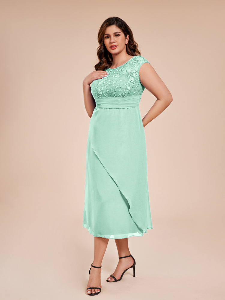 A Line Cap Sleeves Ruffle Lace Bodice Chiffon Mother of the Bride Dress