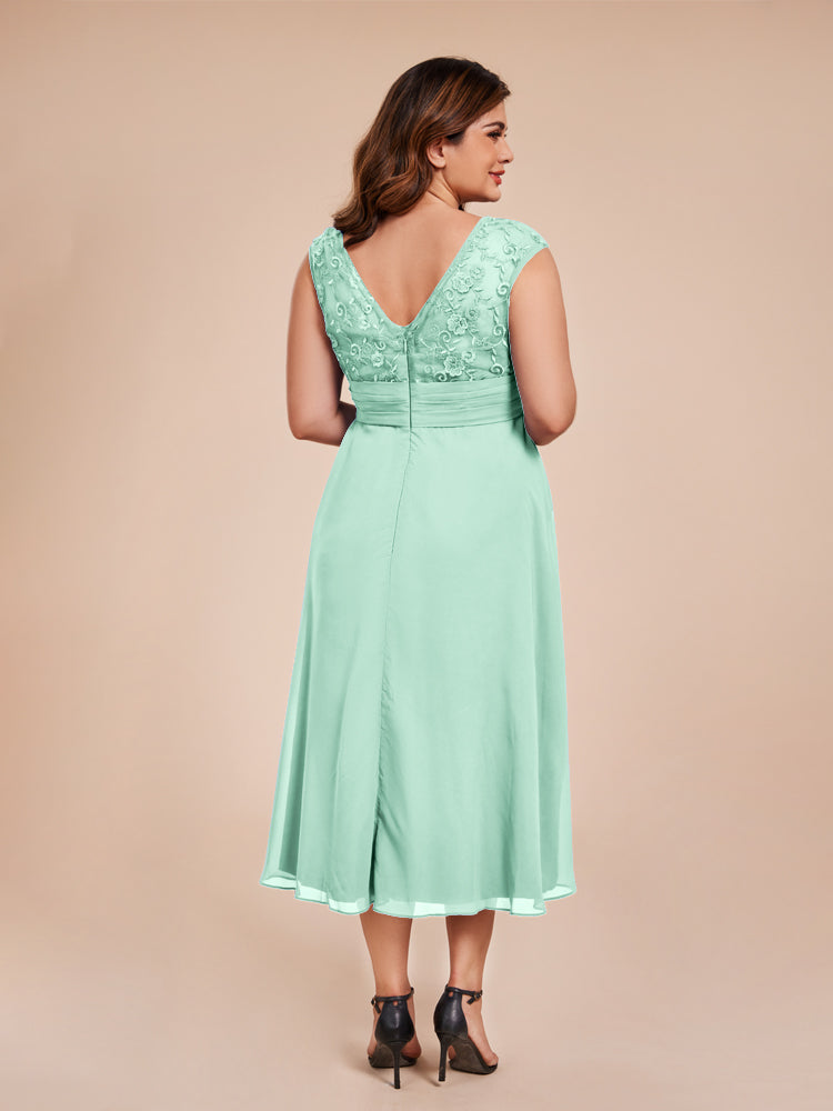 A Line Cap Sleeves Ruffle Lace Bodice Chiffon Mother of the Groom Dress