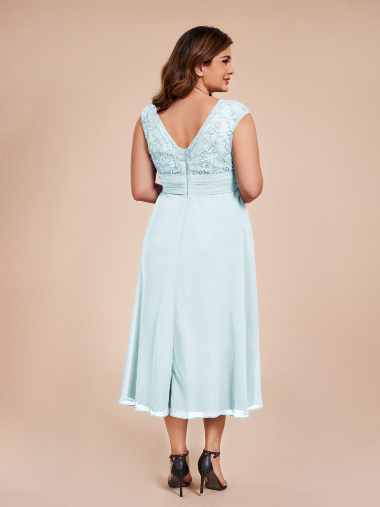 A Line Cap Sleeves Ruffle Lace Bodice Chiffon Mother of the Groom Dress