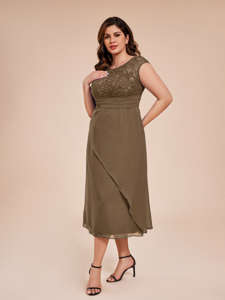 A Line Cap Sleeves Ruffle Lace Bodice Chiffon Mother of the Groom Dress