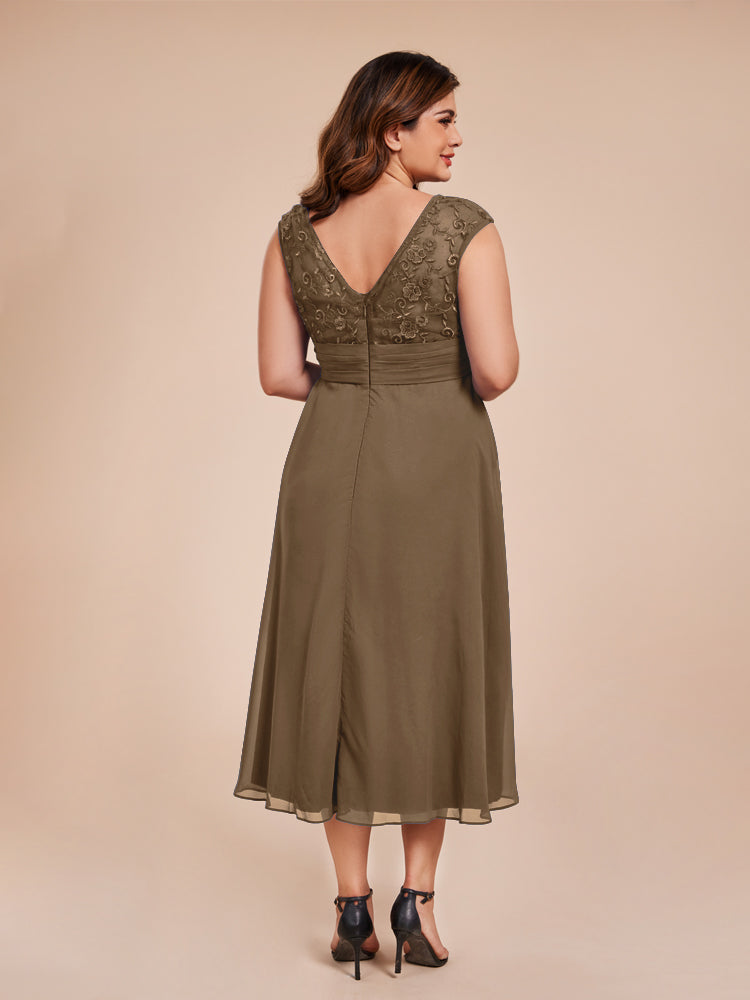 A Line Cap Sleeves Ruffle Lace Bodice Chiffon Mother of the Groom Dress