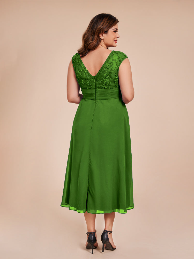 A Line Cap Sleeves Ruffle Lace Bodice Chiffon Mother of the Groom Dress