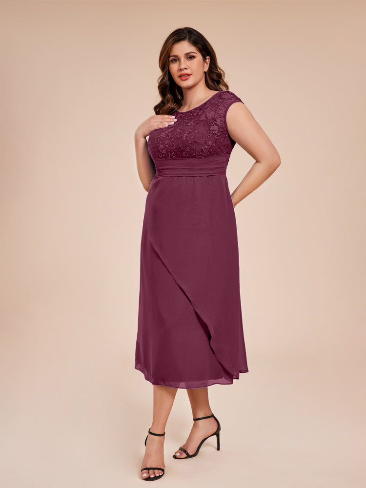 A Line Cap Sleeves Ruffle Lace Bodice Chiffon Mother of the Groom Dress