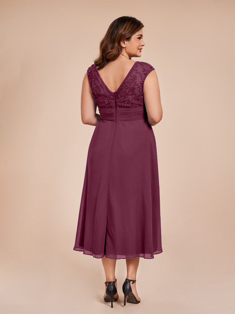 A Line Cap Sleeves Ruffle Lace Bodice Chiffon Mother of the Groom Dress