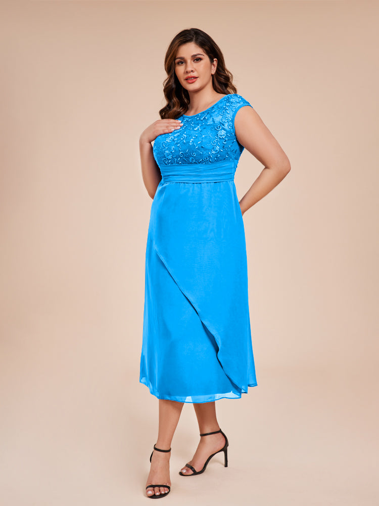 A Line Cap Sleeves Ruffle Lace Bodice Chiffon Mother of the Groom Dress