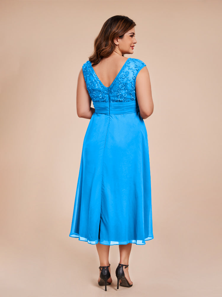 A Line Cap Sleeves Ruffle Lace Bodice Chiffon Mother of the Groom Dress