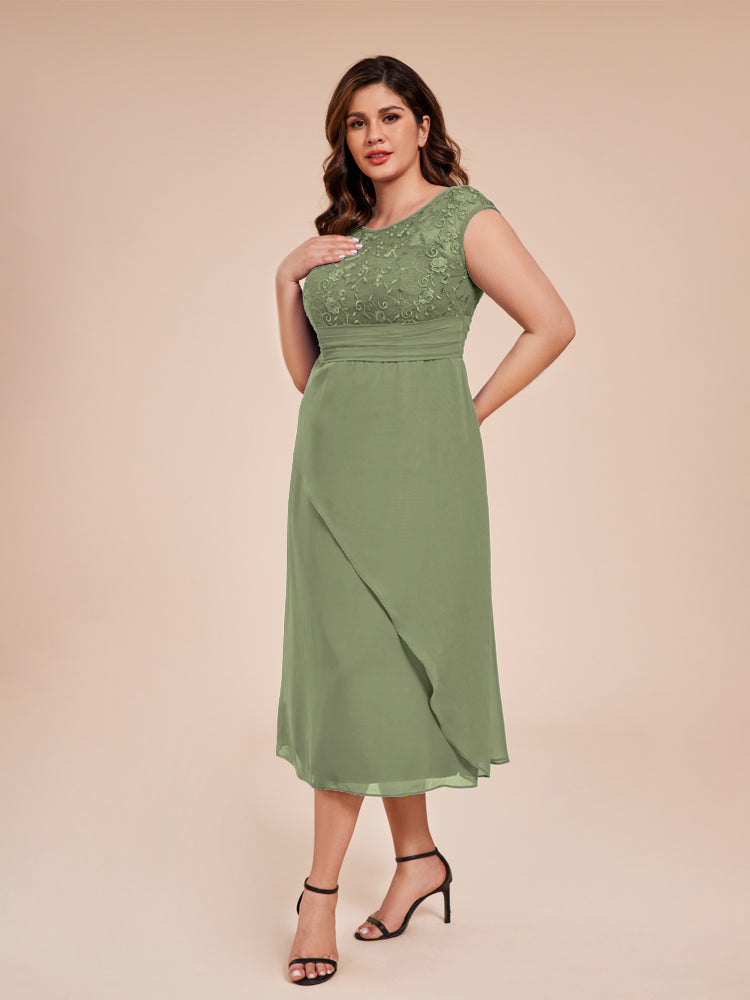 A Line Cap Sleeves Ruffle Lace Bodice Chiffon Mother of the Groom Dress