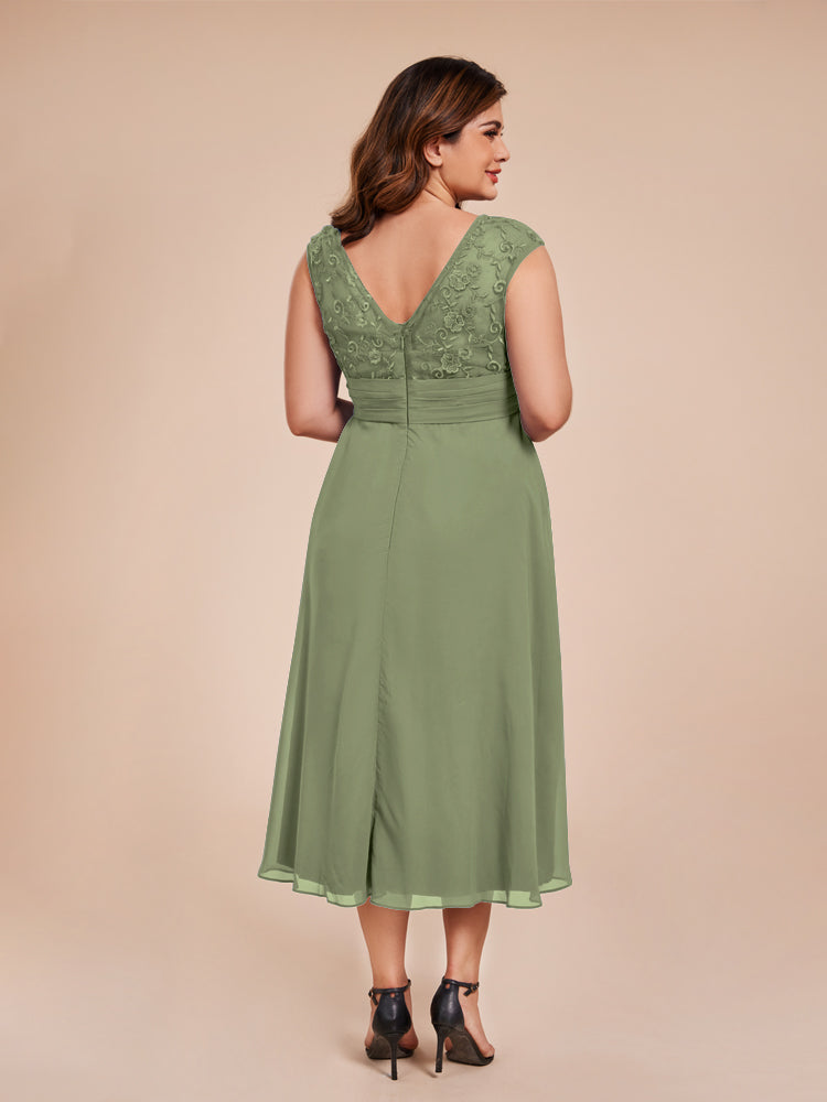 A Line Cap Sleeves Ruffle Lace Bodice Chiffon Mother of the Groom Dress
