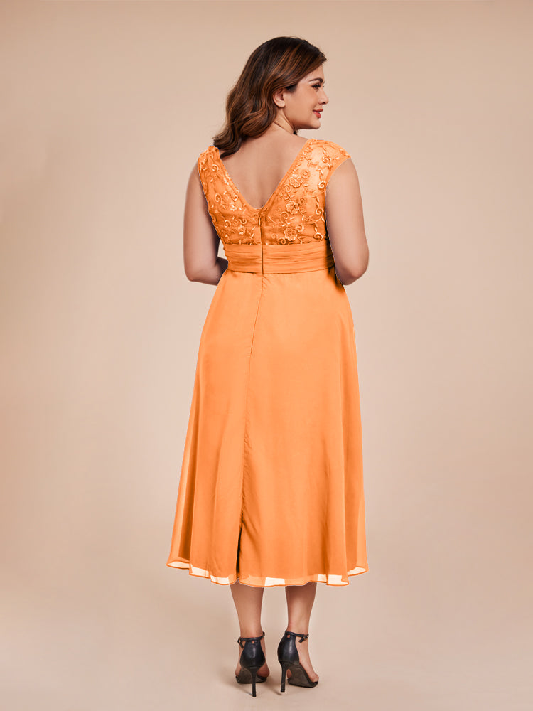A Line Cap Sleeves Ruffle Lace Bodice Chiffon Mother of the Groom Dress