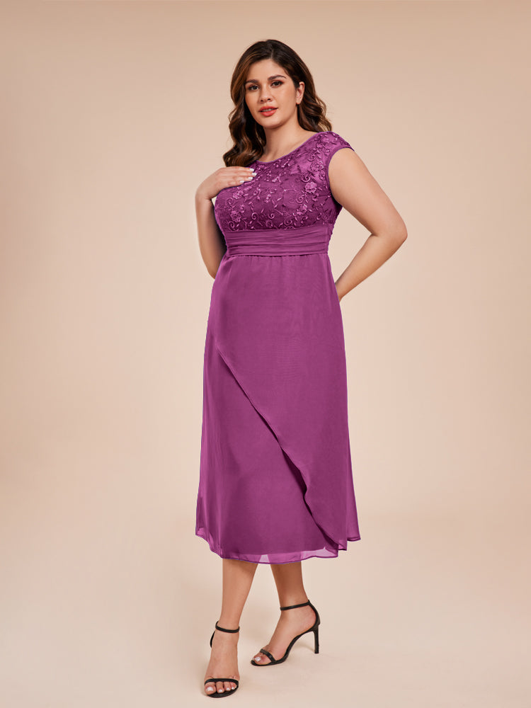 A Line Cap Sleeves Ruffle Lace Bodice Chiffon Mother of the Groom Dress