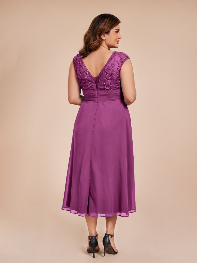 A Line Cap Sleeves Ruffle Lace Bodice Chiffon Mother of the Groom Dress