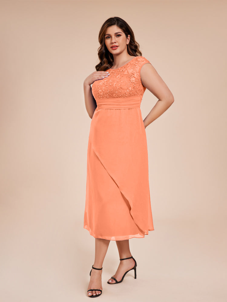 A Line Cap Sleeves Ruffle Lace Bodice Chiffon Mother of the Groom Dress