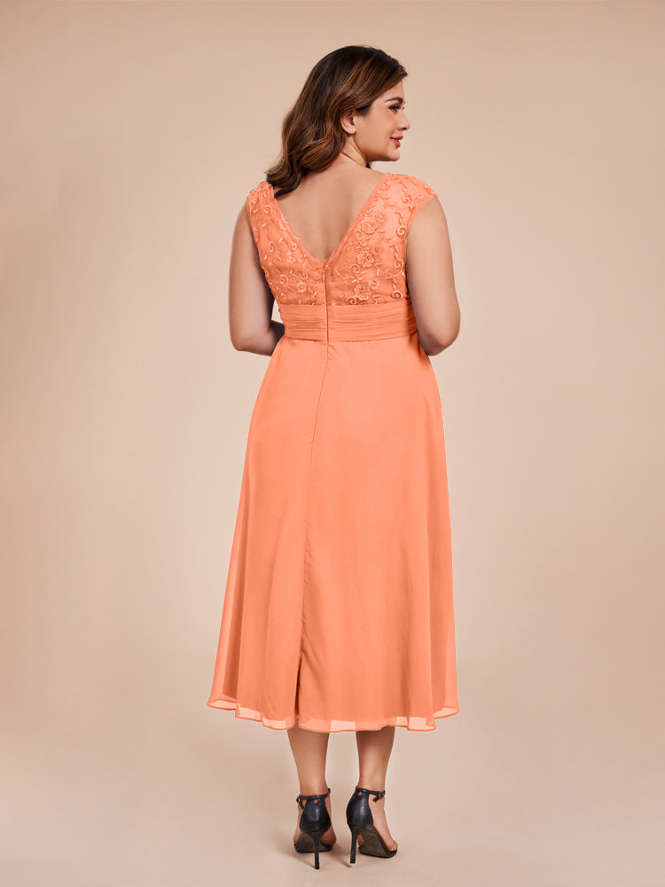 A Line Cap Sleeves Ruffle Lace Bodice Chiffon Mother of the Groom Dress