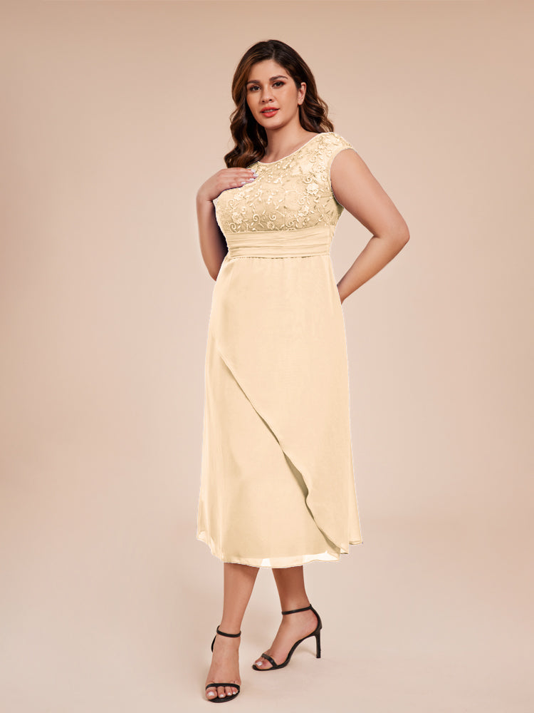 A Line Cap Sleeves Ruffle Lace Bodice Chiffon Mother of the Groom Dress