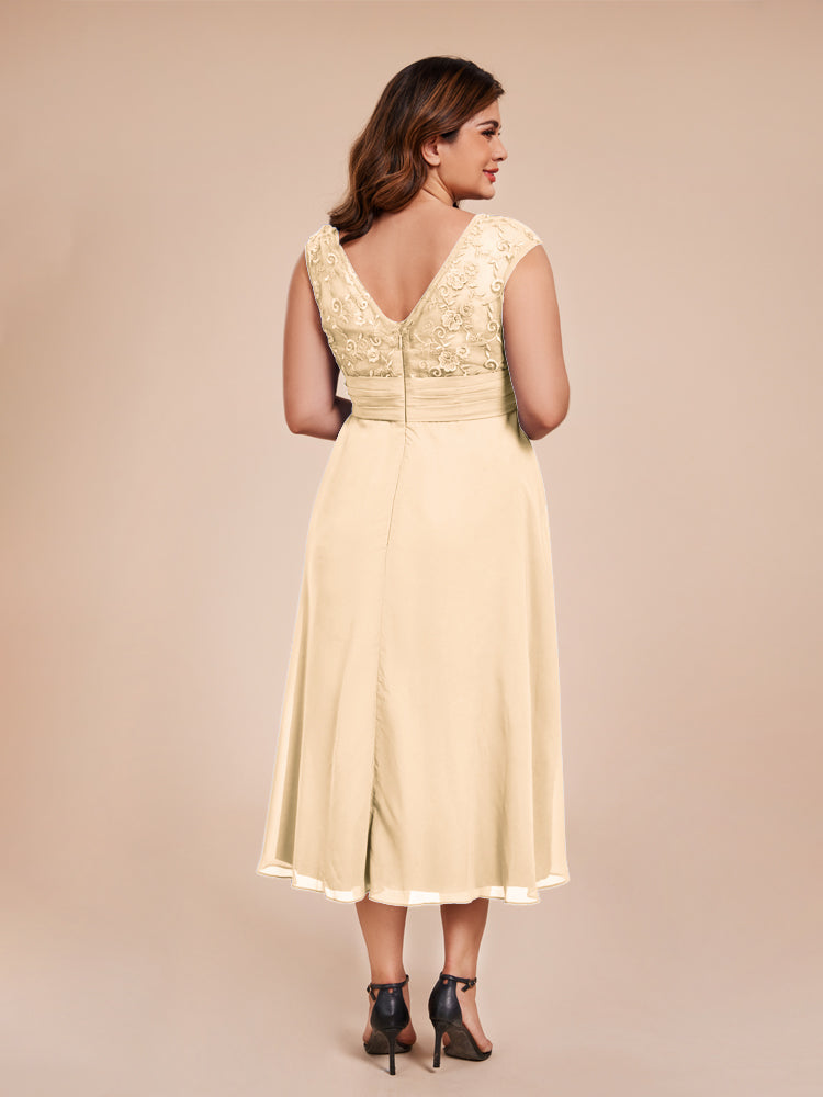 A Line Cap Sleeves Ruffle Lace Bodice Chiffon Mother of the Groom Dress