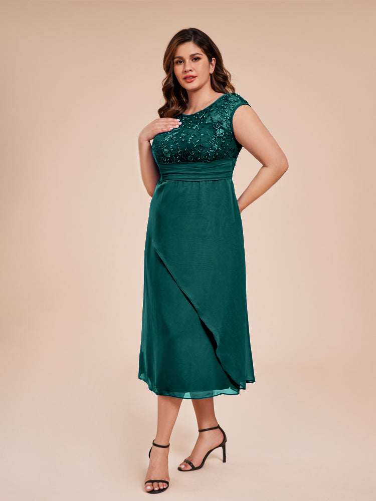 A Line Cap Sleeves Ruffle Lace Bodice Chiffon Mother of the Groom Dress