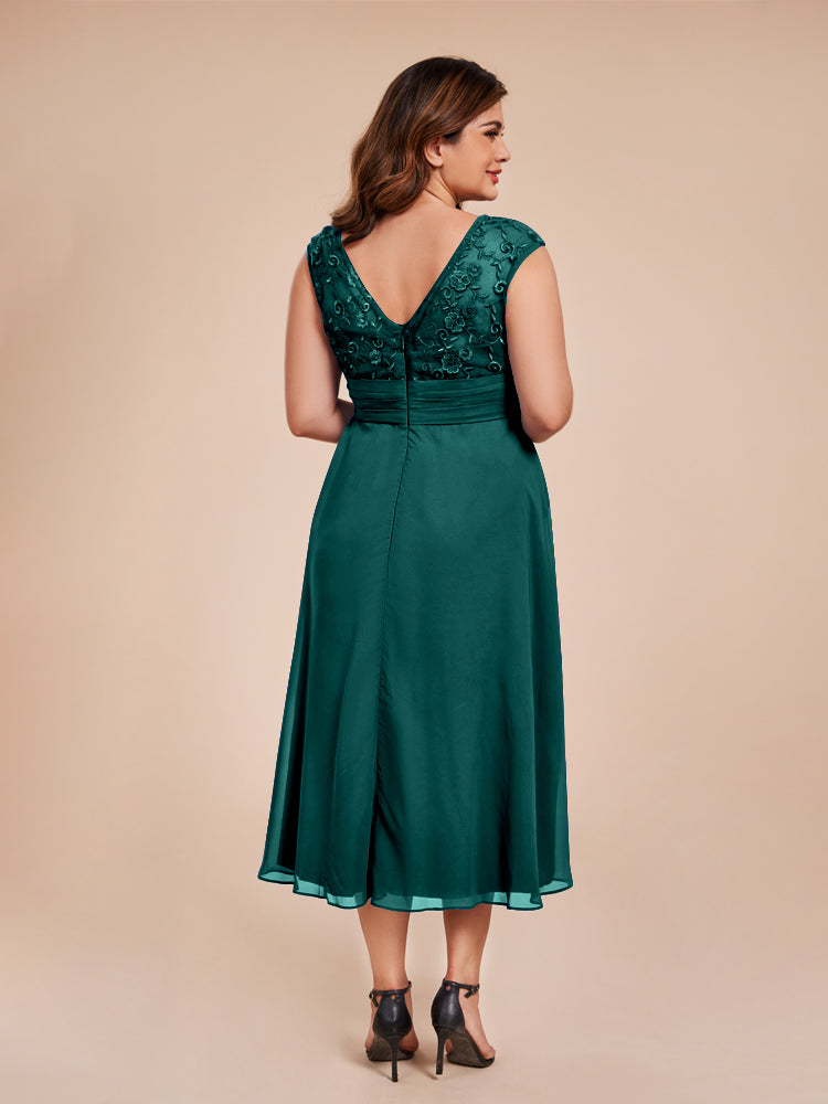 A Line Cap Sleeves Ruffle Lace Bodice Chiffon Mother of the Groom Dress