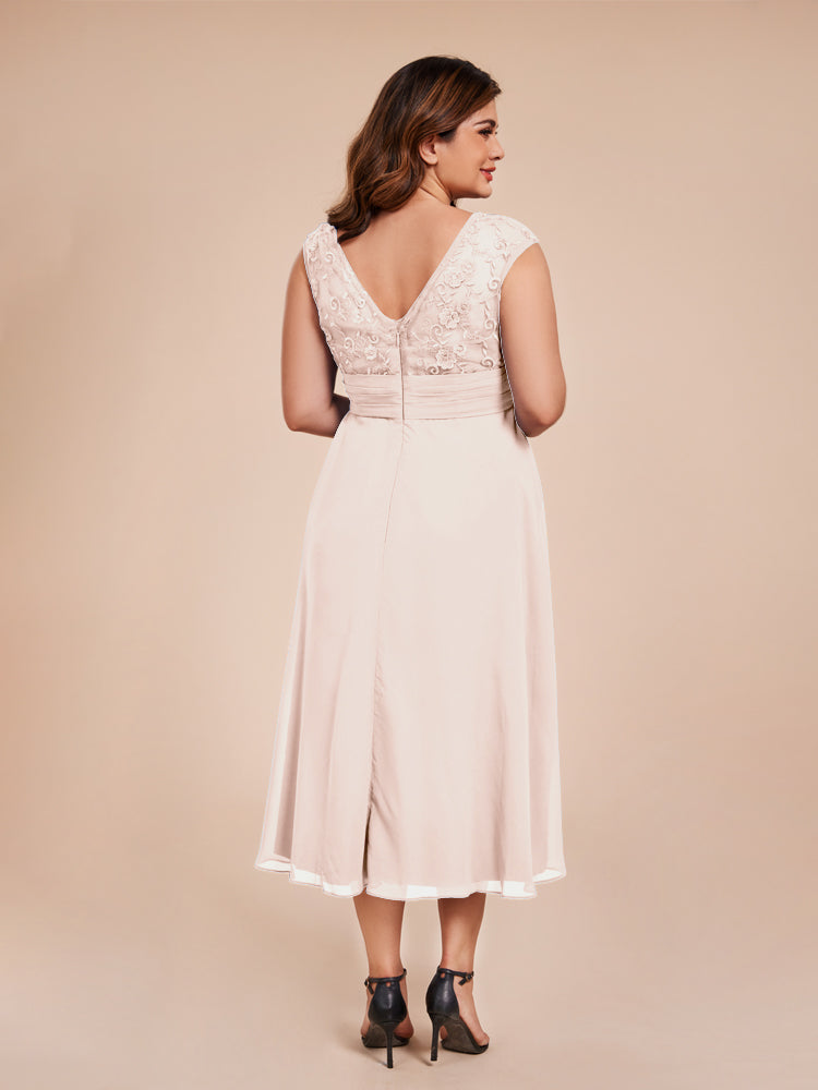 A Line Cap Sleeves Ruffle Lace Bodice Chiffon Mother of the Bride Dress