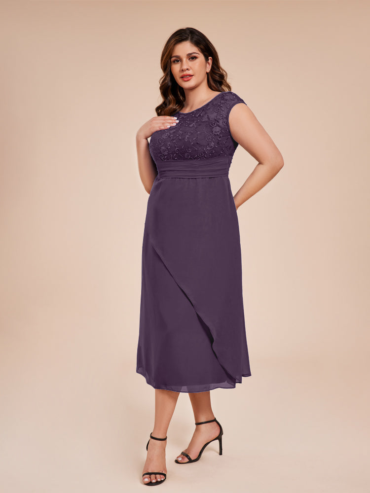 A Line Cap Sleeves Ruffle Lace Bodice Chiffon Mother of the Groom Dress