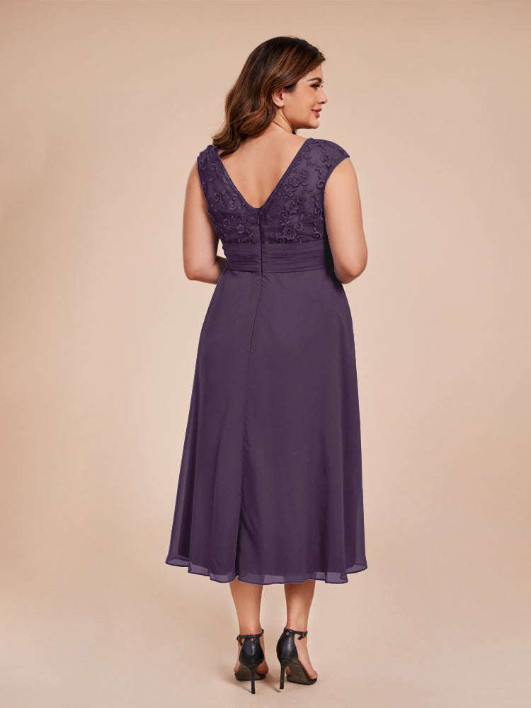 A Line Cap Sleeves Ruffle Lace Bodice Chiffon Mother of the Groom Dress