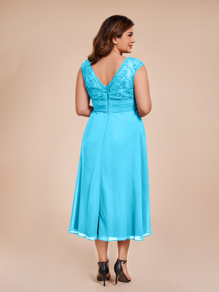 A Line Cap Sleeves Ruffle Lace Bodice Chiffon Mother of the Groom Dress
