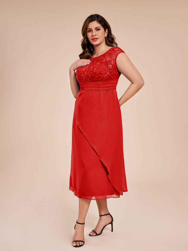 A Line Cap Sleeves Ruffle Lace Bodice Chiffon Mother of the Groom Dress
