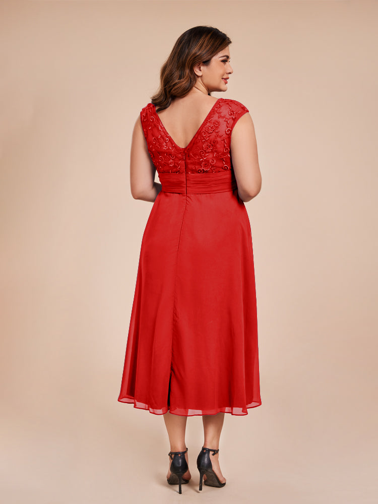 A Line Cap Sleeves Ruffle Lace Bodice Chiffon Mother of the Groom Dress