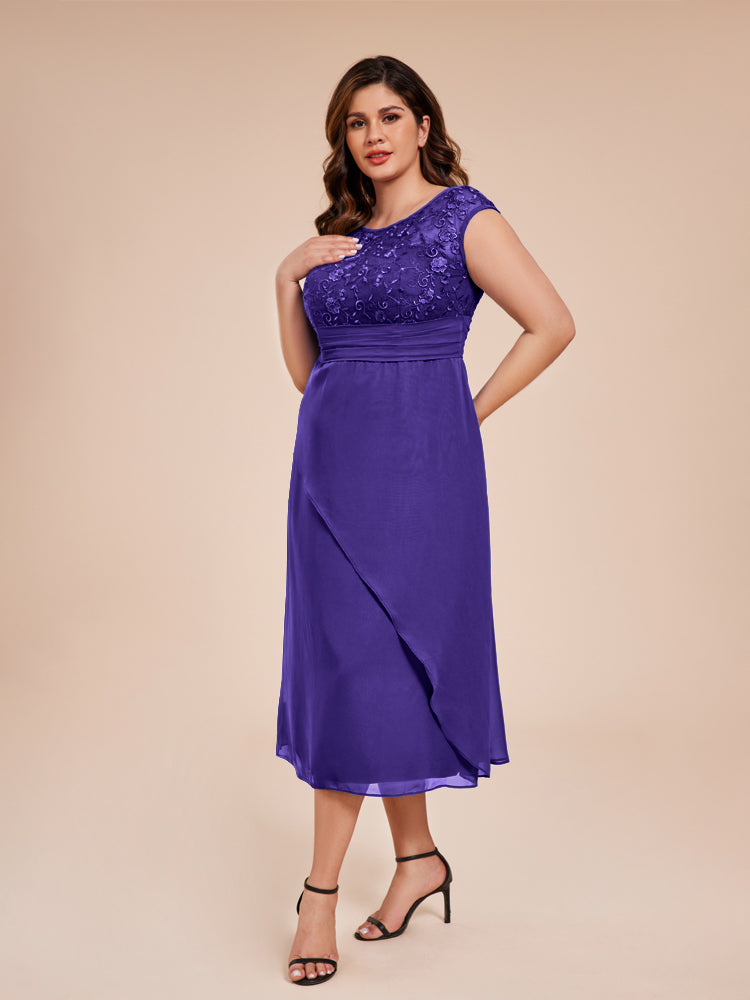 A Line Cap Sleeves Ruffle Lace Bodice Chiffon Mother of the Groom Dress