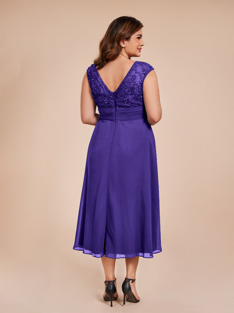 A Line Cap Sleeves Ruffle Lace Bodice Chiffon Mother of the Groom Dress